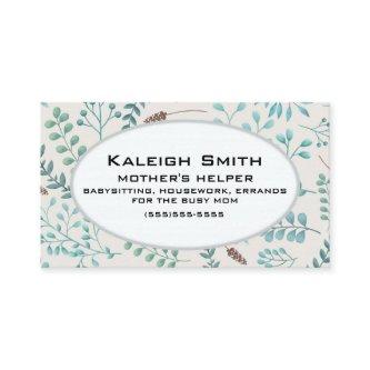 Blue Teal Leaves / Greenery White Mother's Helper Calling Card