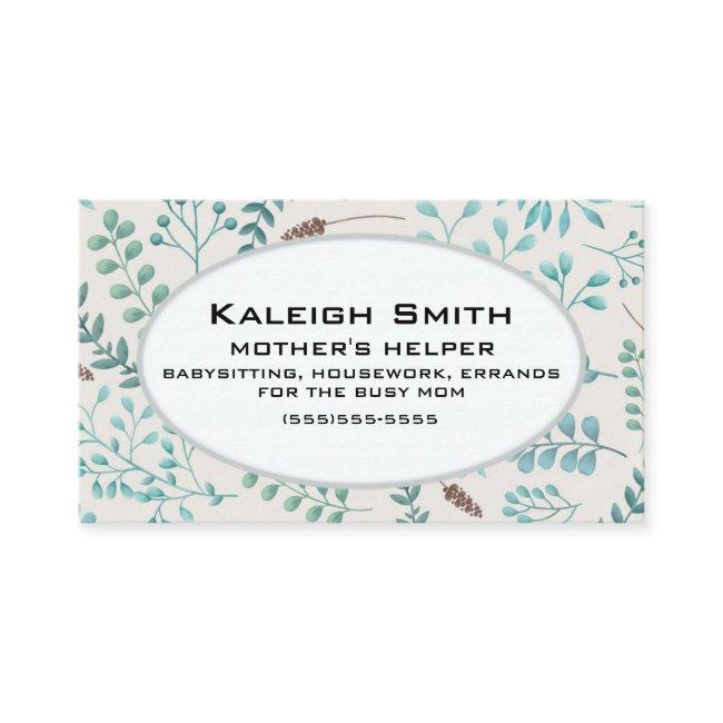 Blue Teal Leaves / Greenery White Mother's Helper Calling Card