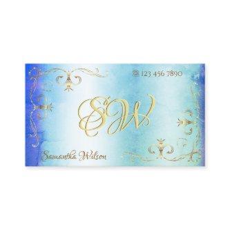 Blue Teal Marble Gold Ornate Corners with Initials