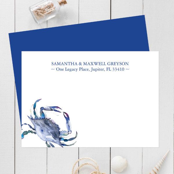 Blue Watercolor Crab Personalized Stationery Card