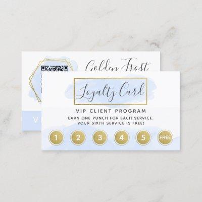 Blue Watercolor & Gold Loyalty Punch Stamp QR