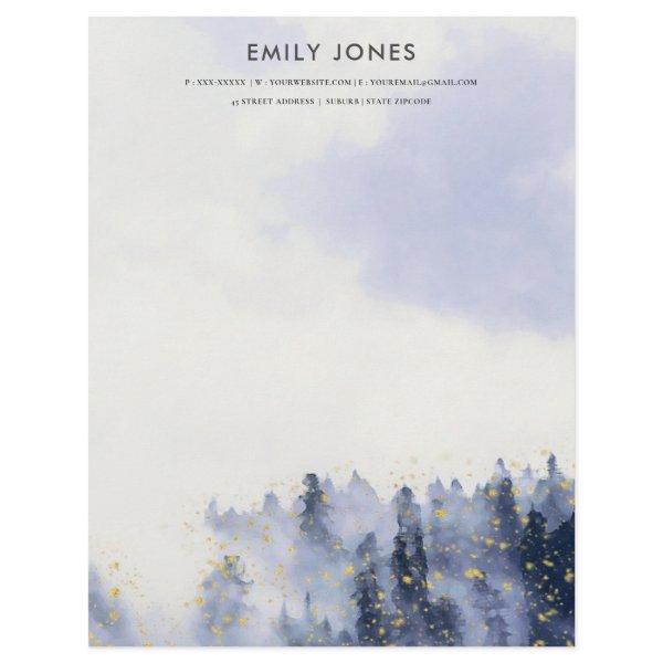 BLUE WATERCOLOR LANDSCAPE TREE FOLIAGE MONOGRAM LETTERHEAD