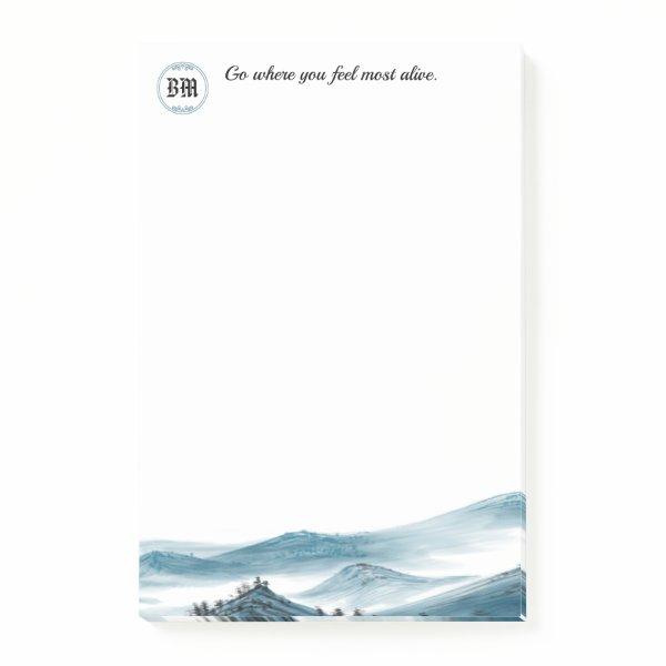 Blue White Mountain View Monogram Positive Quote Post-it Notes