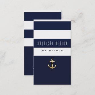 Blue & White Stripe Nautical Gold Anchor
