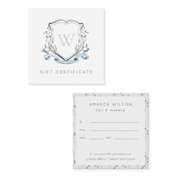 Blue Wildflower Crest Monogram Gift Certificate