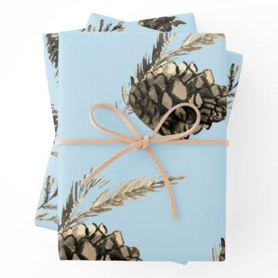 Blue Winter Christmas Tree Pine Branch Cones Wrapping Paper Sheets