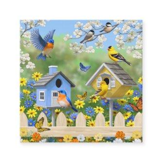 Bluebirds Goldfinches Birdhouses Flower Garden Square