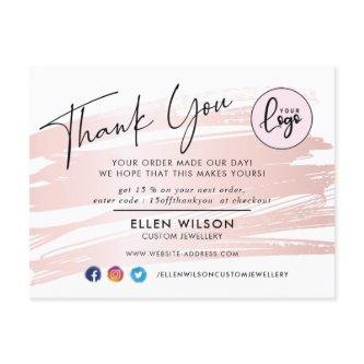 Blush Pink Brush Stroke Business Order  Thank You Postcard