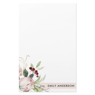 BLUSH PINK BURGUNDY PROTEA FLORAL WATERCOLOR STATIONERY