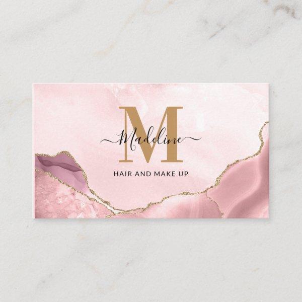 Blush Pink Gold Glitter Agate Marble Monogram