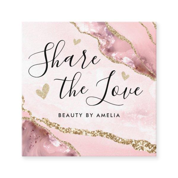 Blush Pink Gold Glitter Marble Agate Chic Monogram Referral Card