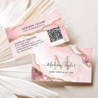 Blush Pink Gold Glitter Marble Agate Monogram QR