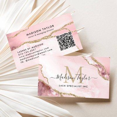 Blush Pink Gold Glitter Marble Agate Monogram QR