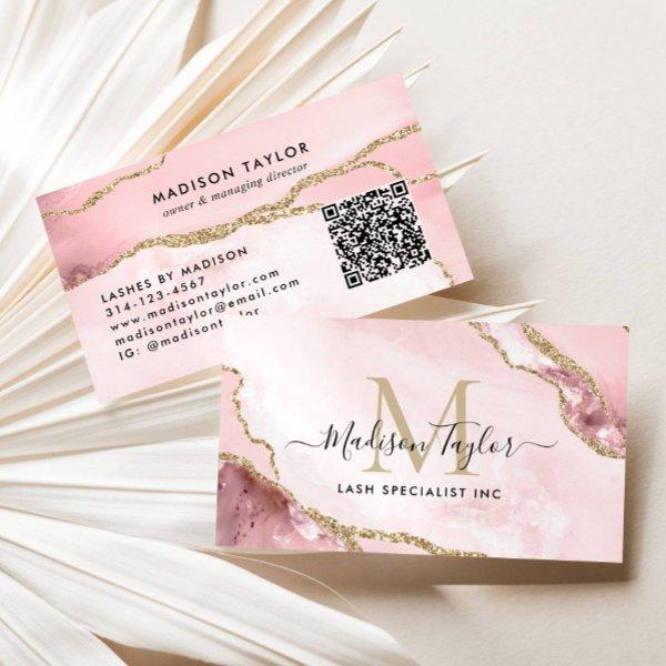 Blush Pink Gold Glitter Marble Agate Monogram QR