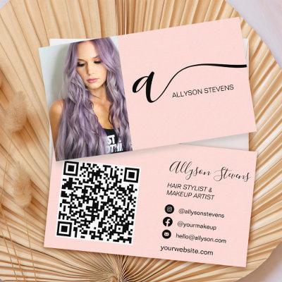 Blush pink hair makeup photo initial qr code