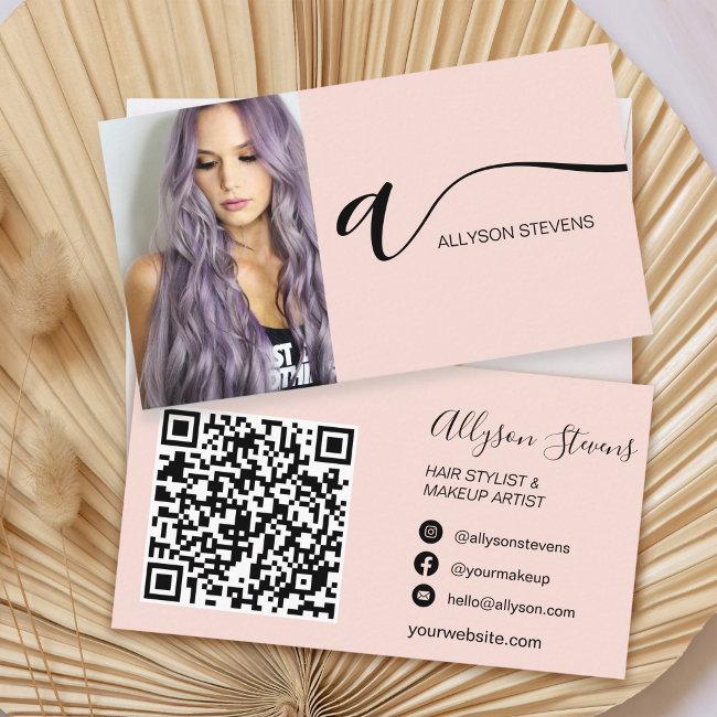 Blush pink hair makeup photo initial qr code