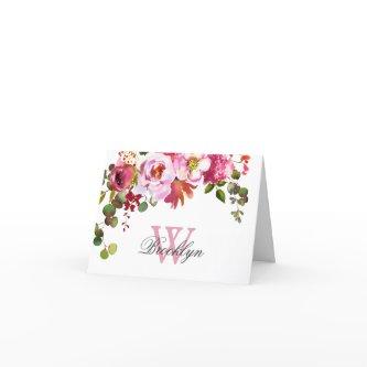 Blush Pink Hot Pink Floral Monogrammed Note Card