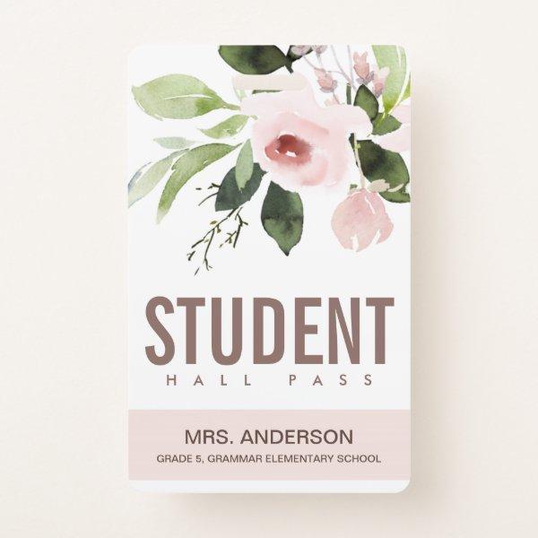 BLUSH PINK ROSE FLORAL STUDENT TEACHER HALL PASS BADGE