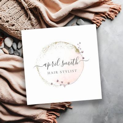 Blush Pink Watercolor Gold Circle Floral Wreath Square