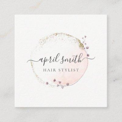Blush Pink Watercolor Gold Circle Floral Wreath Square