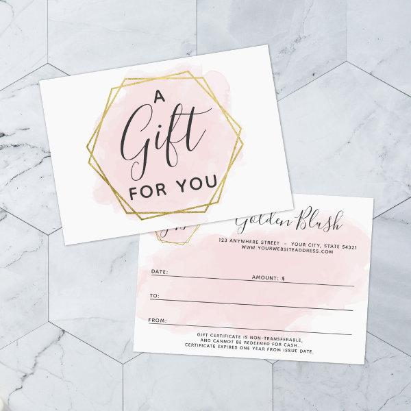 Blush Pink Watercolor & Gold Gift Certificate Card
