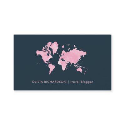 Blush Pink Watercolor World Map on Navy Blue
