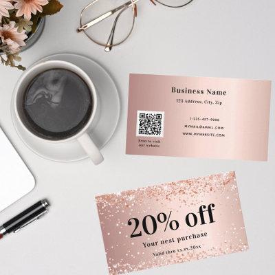 Blush rose gold glitter dust qr code business discount card