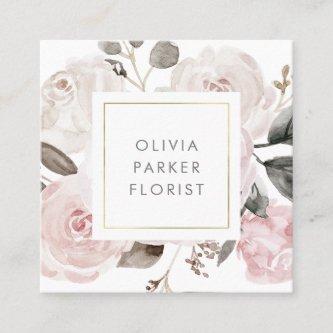 Blush Vintage Watercolor Roses on White Square