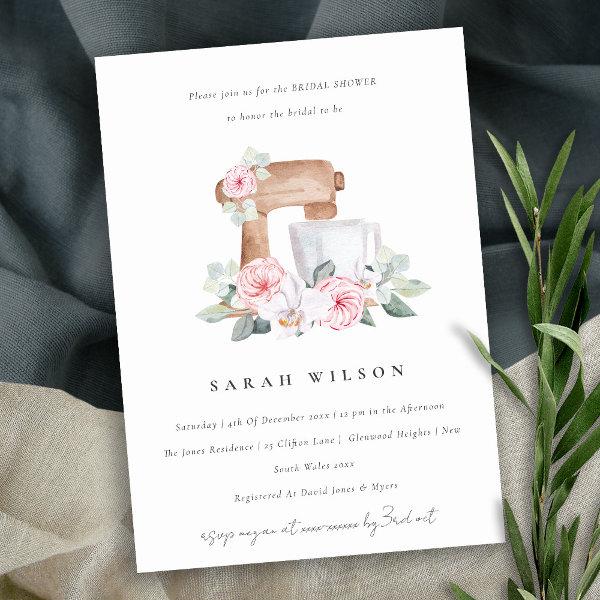 Blush Watercolor Mixer Floral Recipe Bridal Shower Invitation