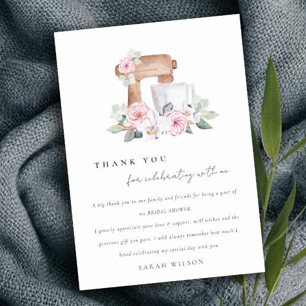 Blush Watercolor Mixer Floral Recipe Bridal Shower Thank You Card