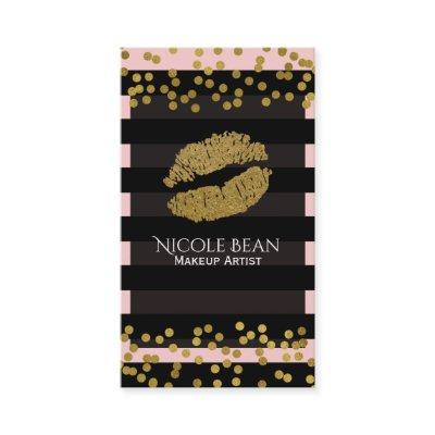 Blushing Pink & Black Stripes Gold Faux Foil Dots