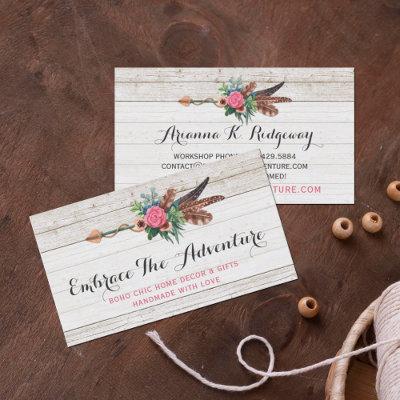 Bohemian Feather Arrow & Rose on Rustic White Wood