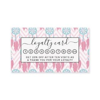 Bohemian Teal Pink Beaded Dreamcatcher Chevron Loyalty Card