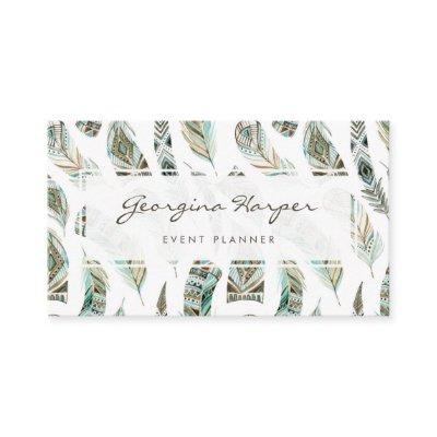 Boho Blue Watercolor Tribal Feathers Pattern