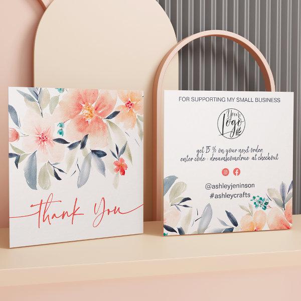Boho chic floral watercolor order thank you square