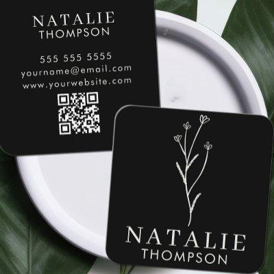 Boho Chic Minimalist Black Flower QR Code Square