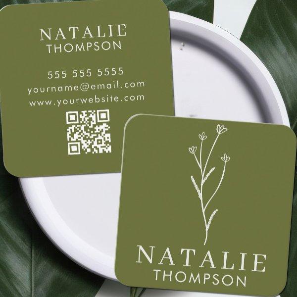 Boho Chic Minimalist Olive Green Flower QR Code Square
