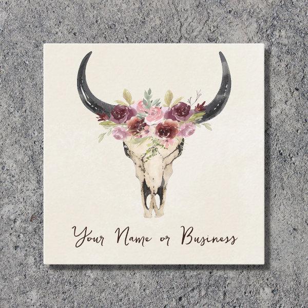 Boho Floral Cow Skull on Natural Cream Square