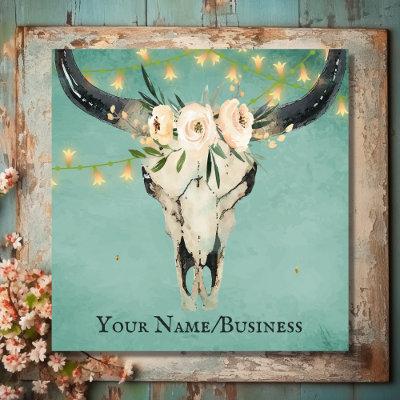 Boho Floral Cow Skull, String Lights on Turquoise Square