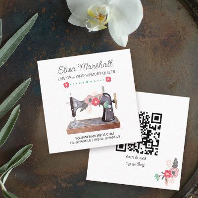 Boho Floral Vintage Sewing Machine and QR Code Square