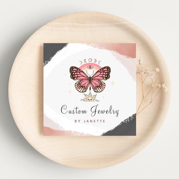 Boho Pink Butterfly Mystic Moon Handmade Jewelry Square