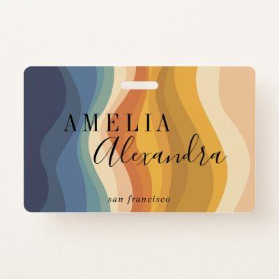 Boho Retro Script Abstract Wavy Lines Yellow Blue Badge