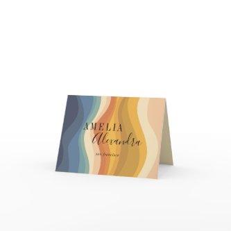 Boho Retro Script Abstract Wavy Lines Yellow Blue Thank You Card