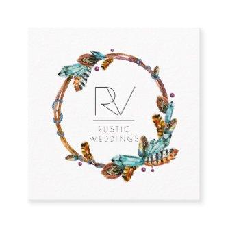 Boho Rustic Feather Wreath Monogram Square