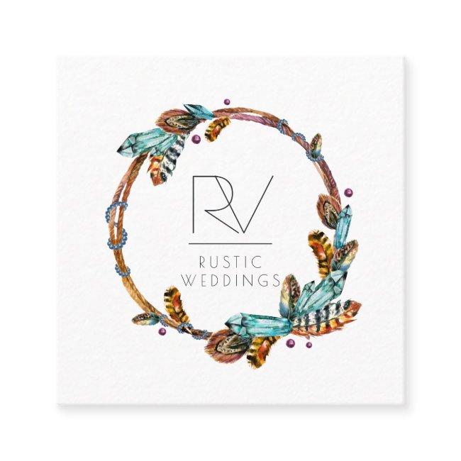 Boho Rustic Feather Wreath Monogram Square
