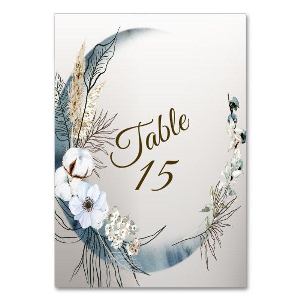 Boho White Orchid Flowers Blue Moon Elegant Party Table Number