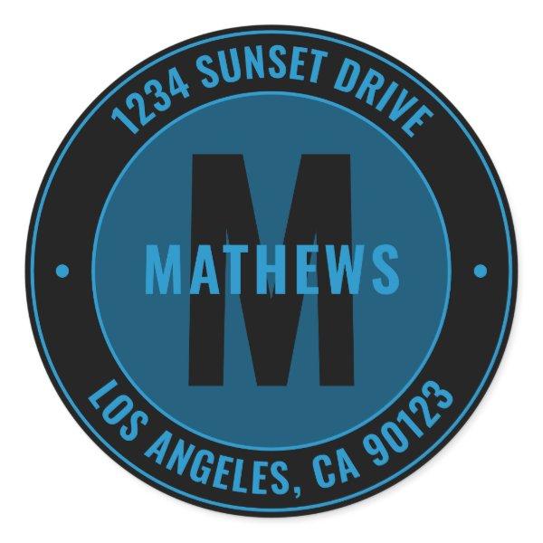 Bold Address, Slogan or Other Text | Blue & Black Classic Round Sticker