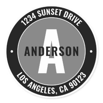 Bold Editable Text & Monogram | Black White & Grey Classic Round Sticker