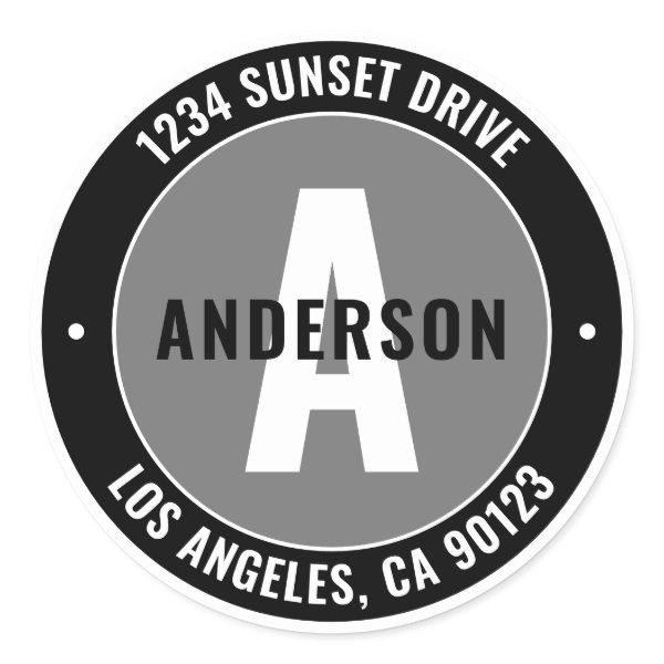 Bold Editable Text & Monogram | Black White & Grey Classic Round Sticker
