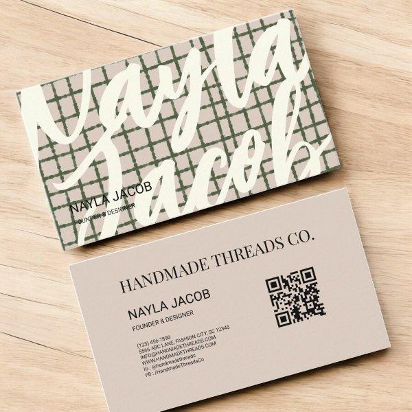 Bold Green Grey Check Pattern QR Code for Handmade